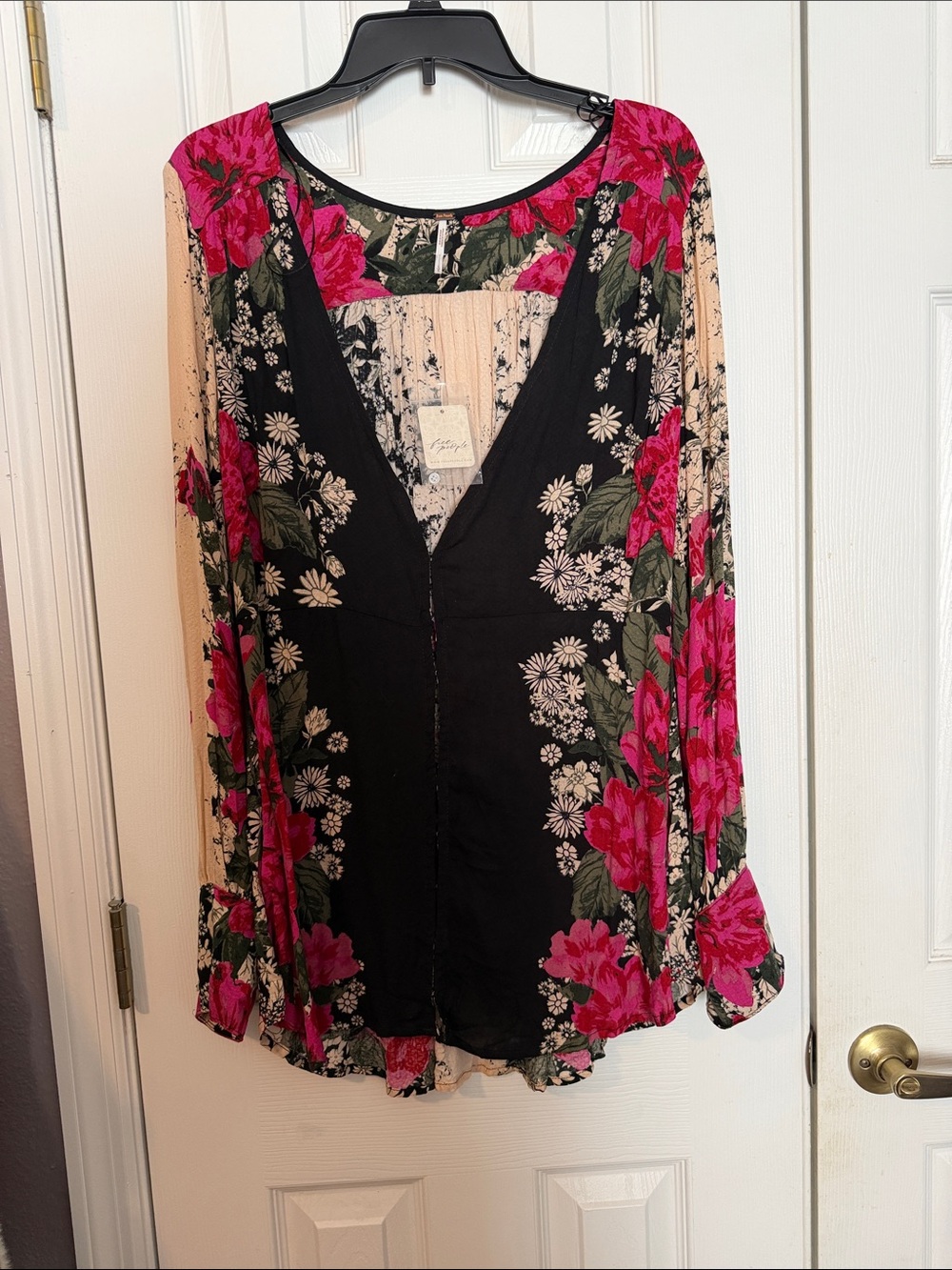 Free People Black Tunic with Hot Pink Floral Print